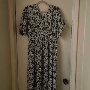olive and white printed long dress very flowy